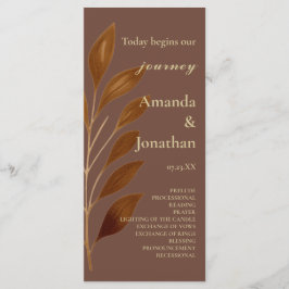 Moderne Koffie Bruin en Gouden Blad Huwelijksprogr Programmakaart