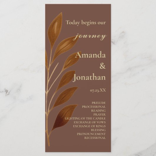 Moderne Koffie Bruin en Gouden Blad Huwelijksprogr Programmakaart (Voorkant)