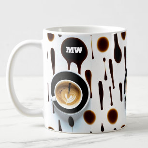 Moderne koffievlekken en afbeelding met initialen koffiemok