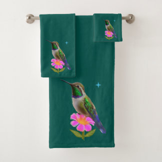 Moderne Kolibrie en Bloem op Blauw Groen Bad Handdoek