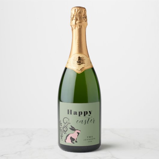 Moderne Konijn Happy Pasen Persoonlijk Sparkling Wijnetiket (Voorkant)