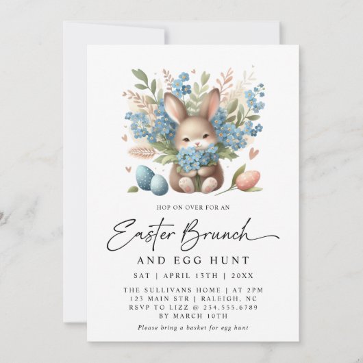 Moderne konijn lente bloemenpaas brunch kaart (Voorkant)