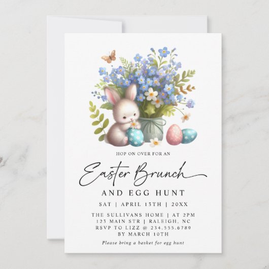 Moderne konijn lente bloemenpaas brunch kaart (Voorkant)