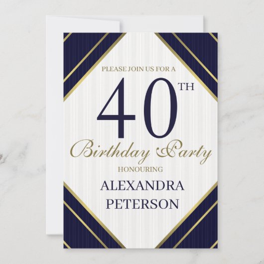 Moderne koningsblauw wit en gouden strepen verjaar kaart (Voorkant)