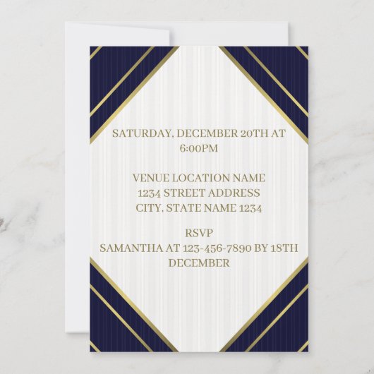 Moderne koningsblauw wit en gouden strepen verjaar kaart (Achterkant)