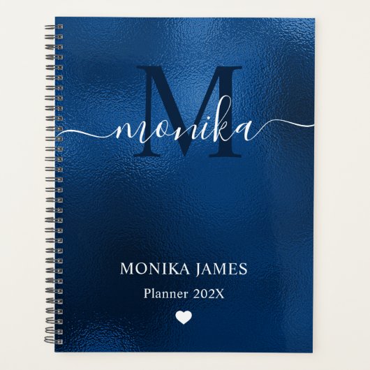 Moderne Koninklijk Blauwe Geborstelde Metaal Monog Planner (Voorkant)