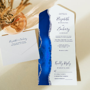 Moderne Koninklijk Blauwe Zilveren Agate Huwelijk All In One Uitnodiging