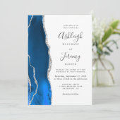 Moderne Koninklijk Blauwe Zilveren Agate Huwelijk Kaart (Staand voorkant)