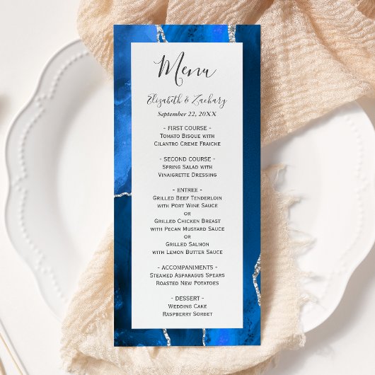 Moderne Koninklijk Blauwe Zilveren Agate Huwelijk Menu