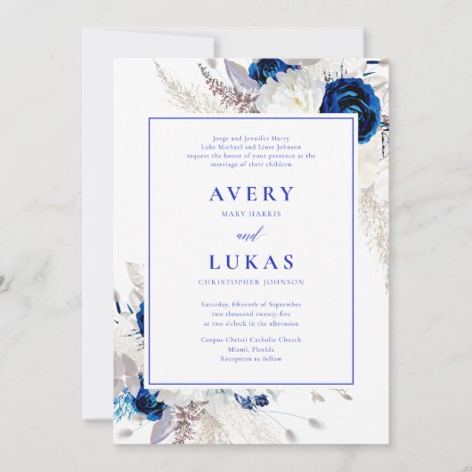 Moderne Koninklijke Blauwe & Witte Bloemen Bruilof Kaart (Voorkant)
