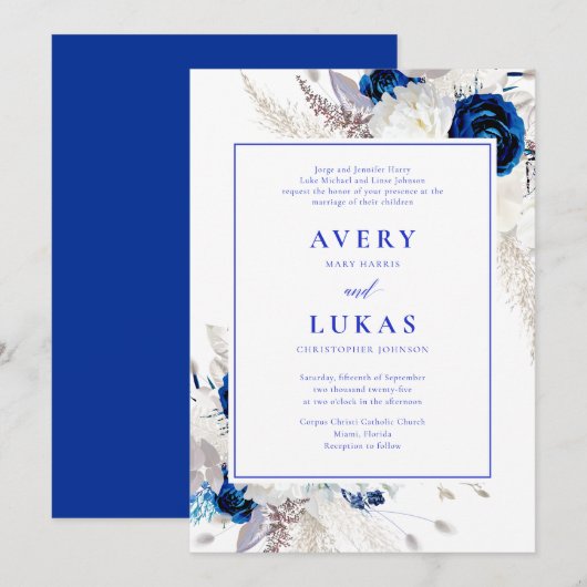 Moderne Koninklijke Blauwe & Witte Bloemen Bruilof Kaart (Voorkant / Achterkant)