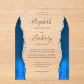 Moderne Koninklijke Blauwe Zilveren Agate Trouwboo Acryl Uitnodigingen (Voorkant)