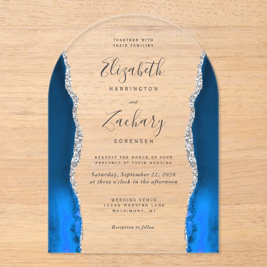 Moderne Koninklijke Blauwe Zilveren Agate Trouwboo Acryl Uitnodigingen (Voorkant)