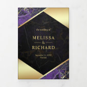 Moderne Koninklijke Paarse Gouden Marmer Ampersand Drieluik Uitnodiging (Cover)