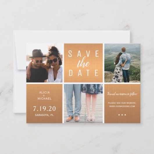 Moderne koper gouden glitters 3 foto collage bruil save the date (Voorkant)