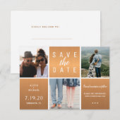 Moderne koper gouden glitters 3 foto collage bruil save the date (Voorkant / Achterkant)