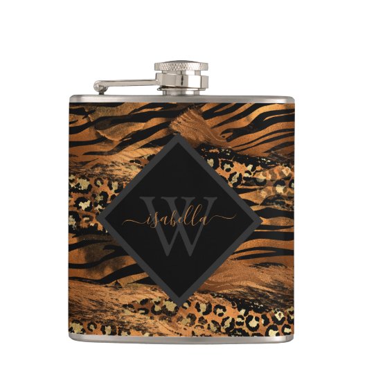 Moderne koperen glitterscript monogram heupfles (Voorkant)