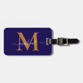 Moderne Koperen Gouden & Blauwe Monogram Script Na Bagagelabel (Voorkant horizontaal)