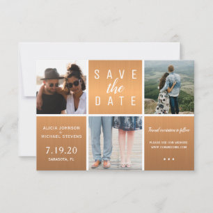 Moderne koperen gouden glitter 3 foto collage brui save the date
