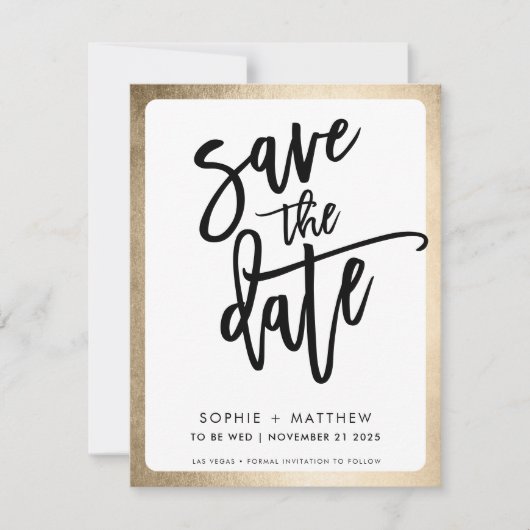 MODERNE koppel script lettering namaak gouden rand Save The Date (Voorkant)