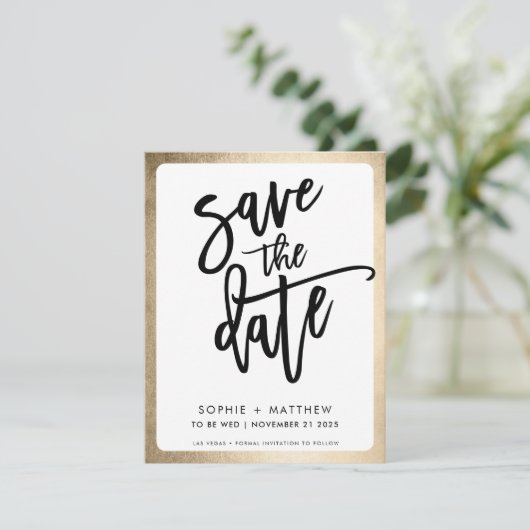 MODERNE koppel script lettering namaak gouden rand Save The Date (Staand voorkant)