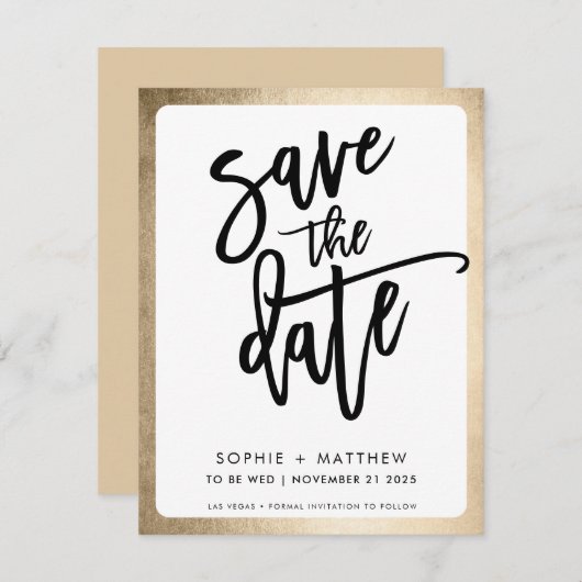 MODERNE koppel script lettering namaak gouden rand Save The Date (Voorkant / Achterkant)