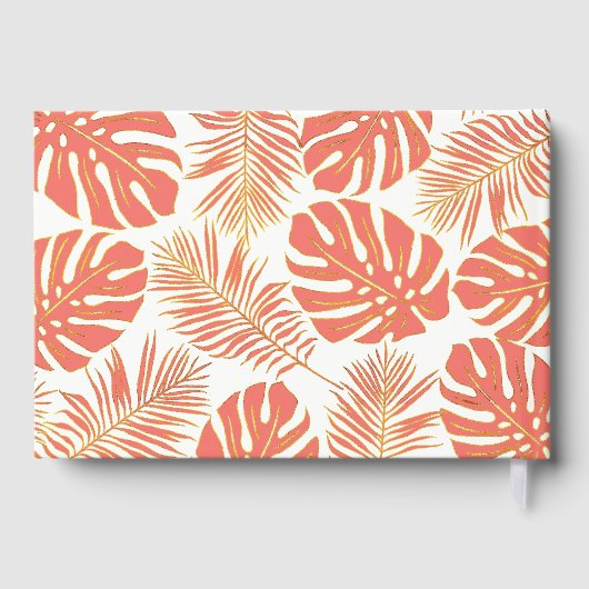 Moderne koraal en gouden tropische bladeren bruilo gastenboek (Achterkant)