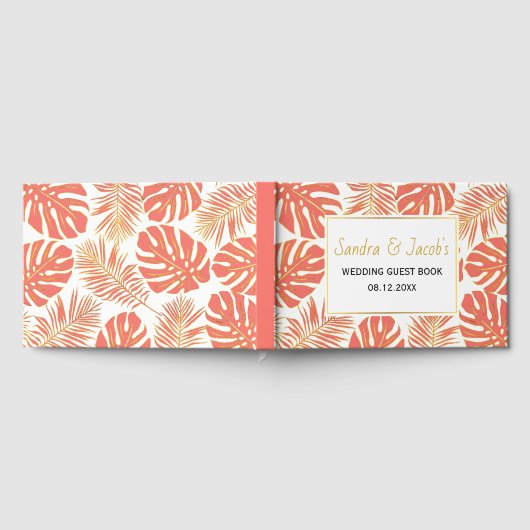 Moderne koraal en gouden tropische bladeren bruilo gastenboek (Volledig)