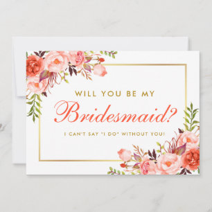 Moderne koraal Floral Gold ben mijn Bridesmaid Kaart