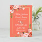 Moderne koraal Floral Gold Lijst Wedding Kaart (Staand voorkant)