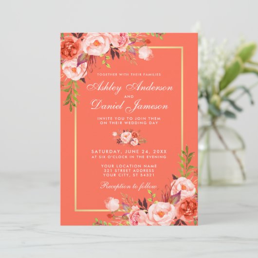 Moderne koraal Floral Gold Lijst Wedding Kaart (Staand voorkant)