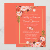 Moderne koraal Floral Gold Lijst Wedding Kaart (Voorkant / Achterkant)