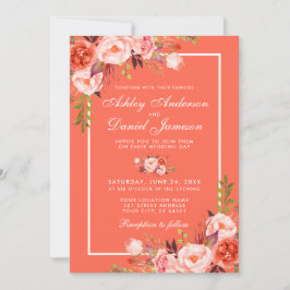 Moderne koraal Floral White Lijst Wedding Kaart