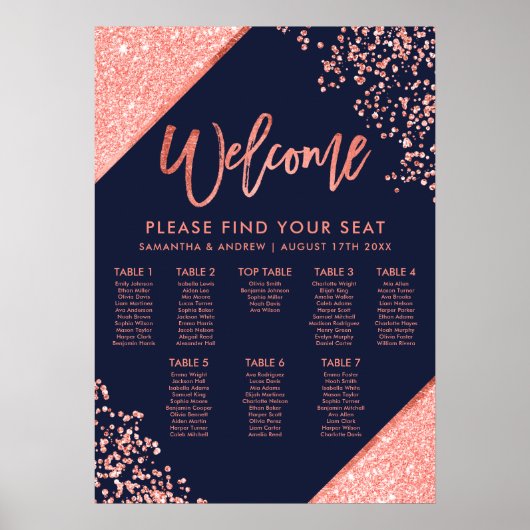 Moderne koraal glitter marine blauwe bruiloft zitp poster (Voorkant)