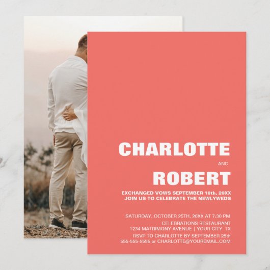 Moderne Koraal Huwelijksreceptie Kaart (Voorkant / Achterkant)