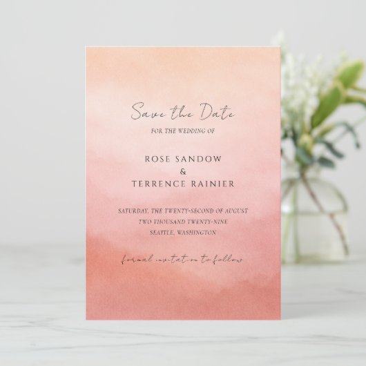 Moderne Koraal Kust Chic Elegante Trouwdag Save The Date (Staand voorkant)