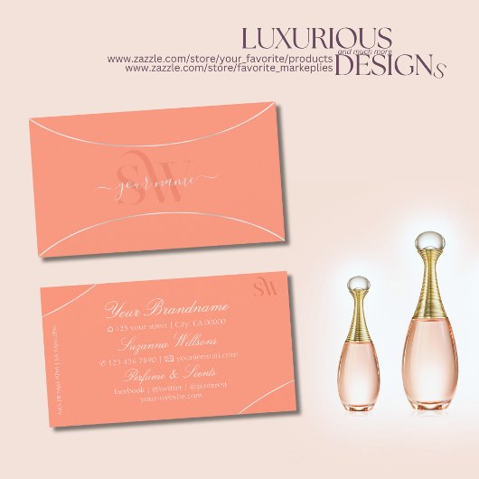 Moderne koraal met Parelzilver-grens en -monogram Visitekaartje