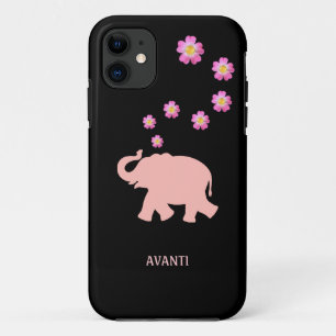 Moderne koraal olifant en roze bloemen op zwart Case-Mate iPhone case