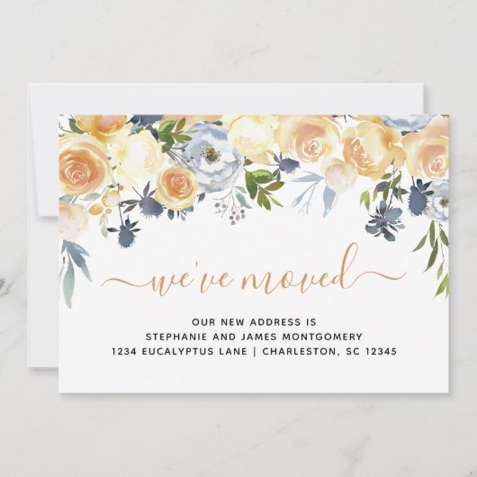 Moderne koraal peach Blue Waterverf Floral Moving Aankondiging (Voorkant)