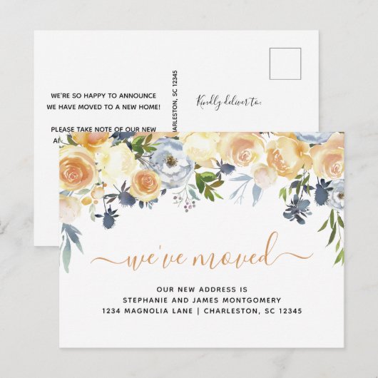 Moderne koraal peach Blue Waterverf Floral Moving Aankondigingskaart (Voorkant / Achterkant)