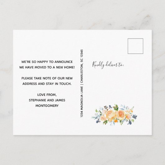 Moderne koraal peach Blue Waterverf Floral Moving Aankondigingskaart (Achterkant)