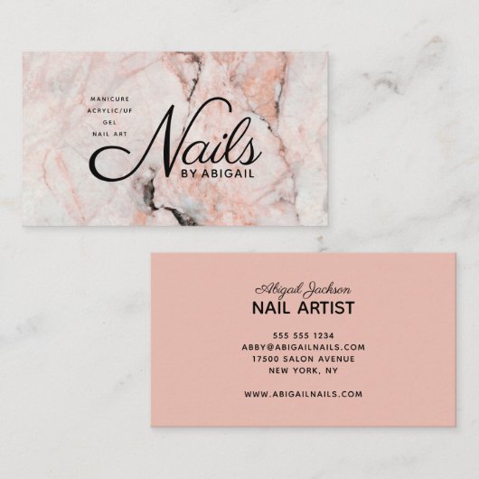 Moderne koraal Roos marmerbare nagels op naam  Visitekaartje (Voorkant / Achterkant)