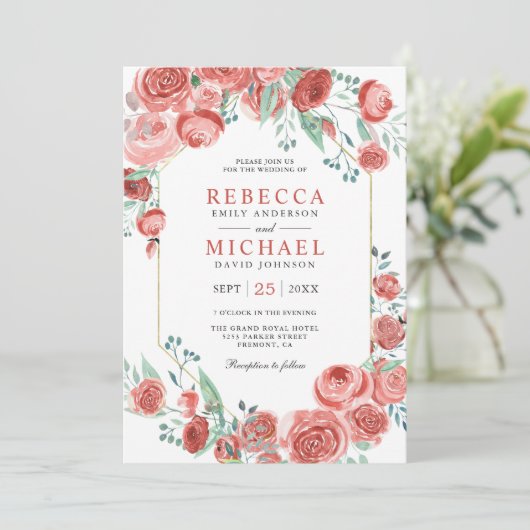 Moderne koraal roze rozen bloemenbruiloft kaart (Staand voorkant)