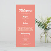 Moderne Koraal Roze Script Trouwceremonie Programmakaart (Staand voorkant)