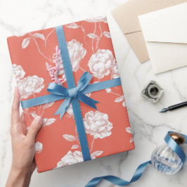 Moderne Koraal Roze Witte Bloem Motief Cadeaupapier