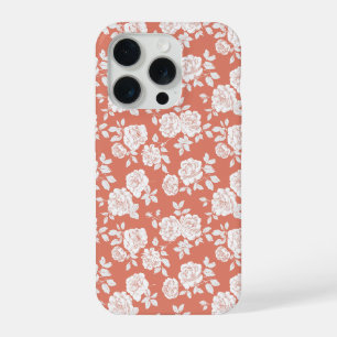 Moderne Koraal Roze Witte Bloem Motief iPhone 15 Pro Case