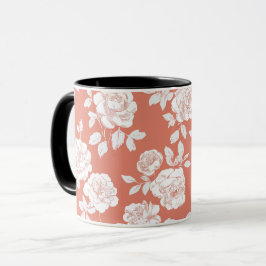 Moderne Koraal Roze Witte Bloem Motief Mok