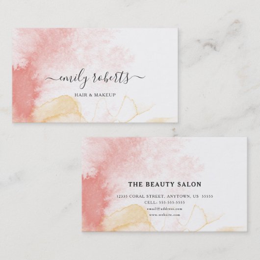 Moderne Koraal Waterverf Haar & Make-up Stylist Visitekaartje (Voorkant / Achterkant)