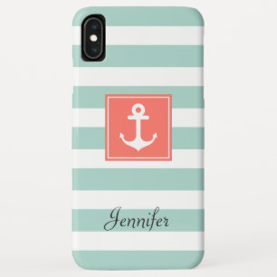 Moderne Koraal Zeeanker Mint Witte Strepen Case-Mate iPhone Case