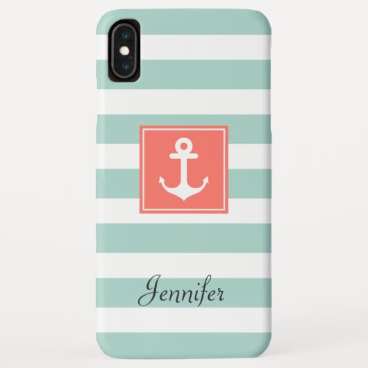 Moderne Koraal Zeeanker Mint Witte Strepen Case-Mate iPhone Case (Achterkant)